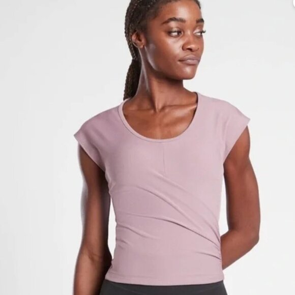 Athleta Bayview Ribbed Flora Mauve Faux Wrap Cap Short Sleeve Stretch SzXL - Picture 2 of 16